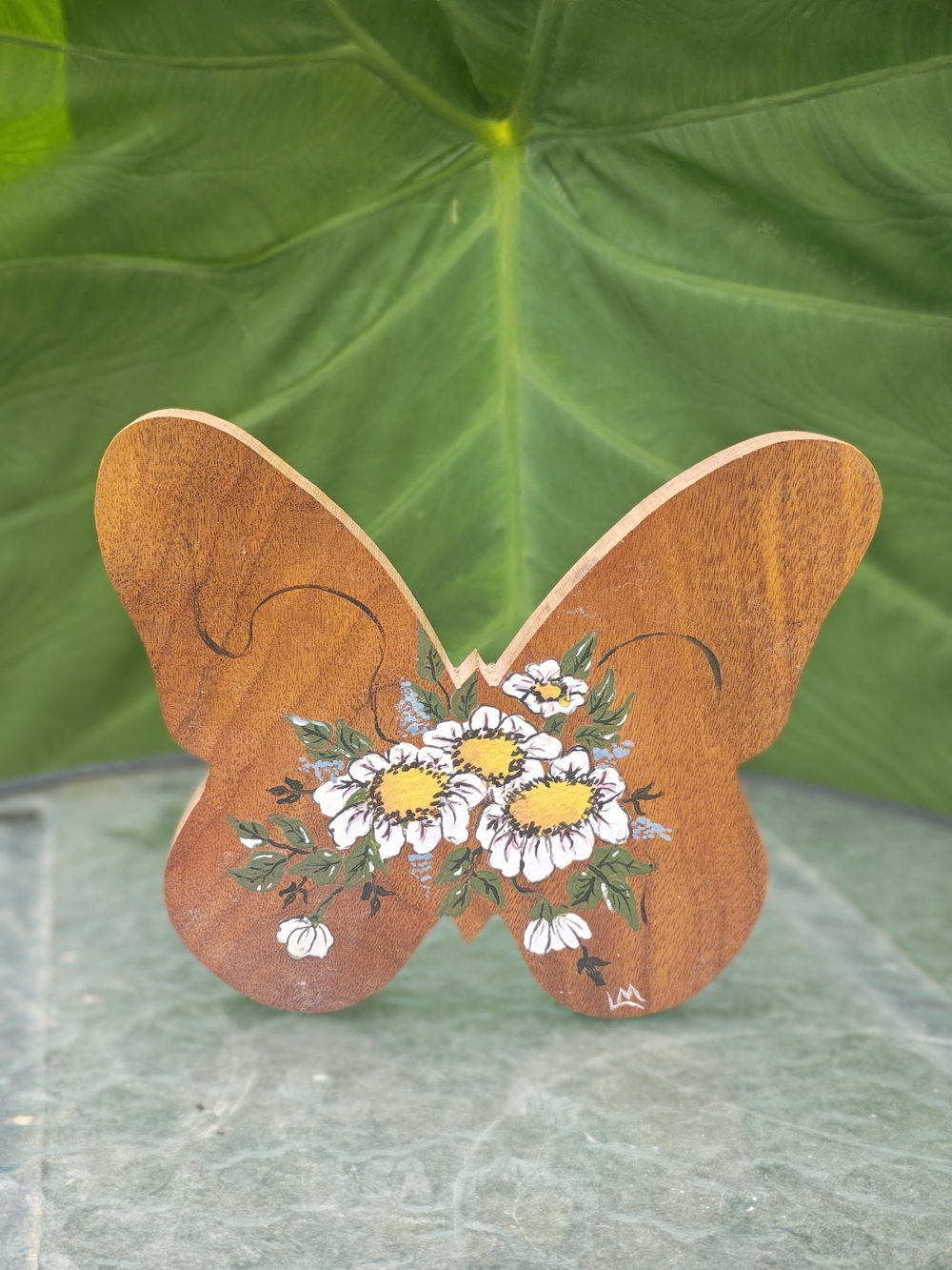 Vintage Hand-Painted Wooden Butterfly Decor with White & Yellow Flowers